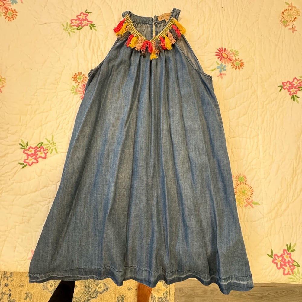 Denim Dress size 2 by Philosophy with multi color tassel neck